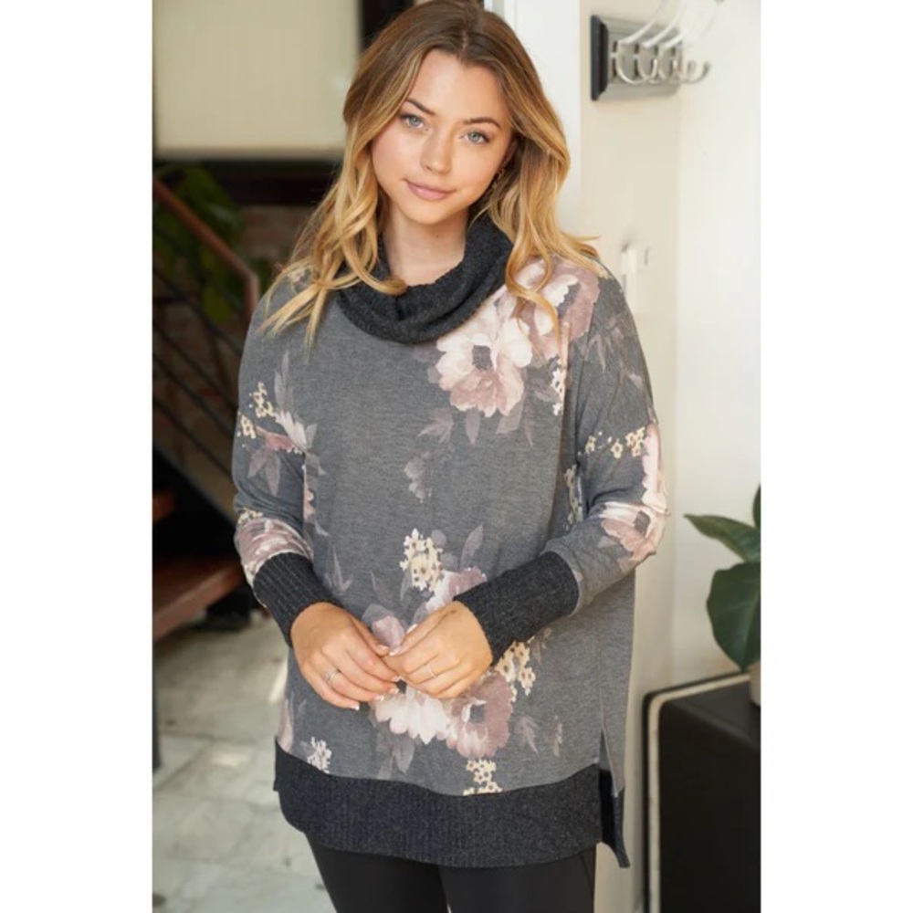 NEW! White Birch Waffle Cowl Neck Floral Multi Sweater L
